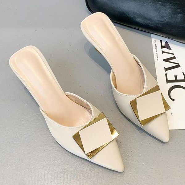 

slippers women mules shoes pointed toe high heels beige leather ladies 2021 elegant ytmtloy slides zapatos de mujer mule feminin, Black