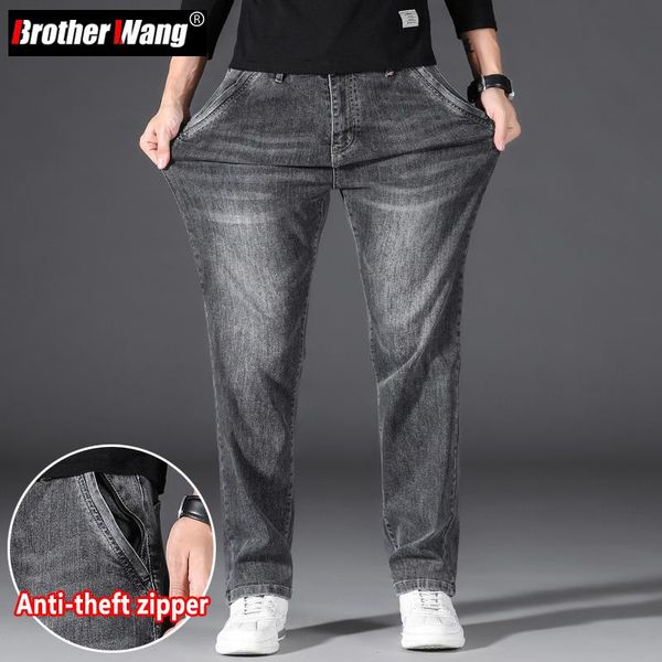 

men's jeans brother wang classic style anti-theft zipper loose autumn and winter fashion stretch straight denim pants male brand, Blue