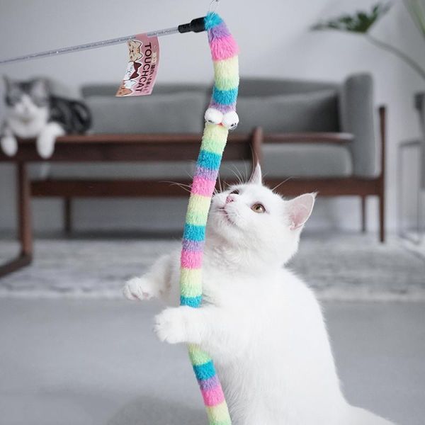 

cat toys cute funny colorful rainbow rod wand pet teaser for cats interactive stick kittens training supplies