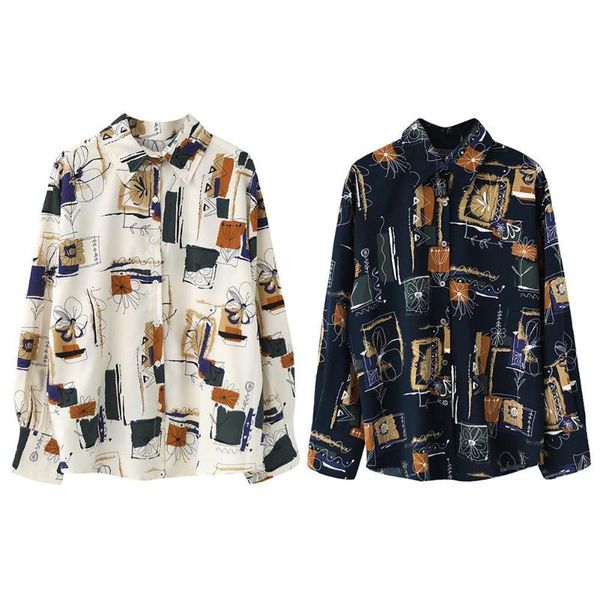

women's blouses & shirts 2021 spring autumn women loose long sleeve flower shirt scrawling letters print buttons chiffon blouse, White