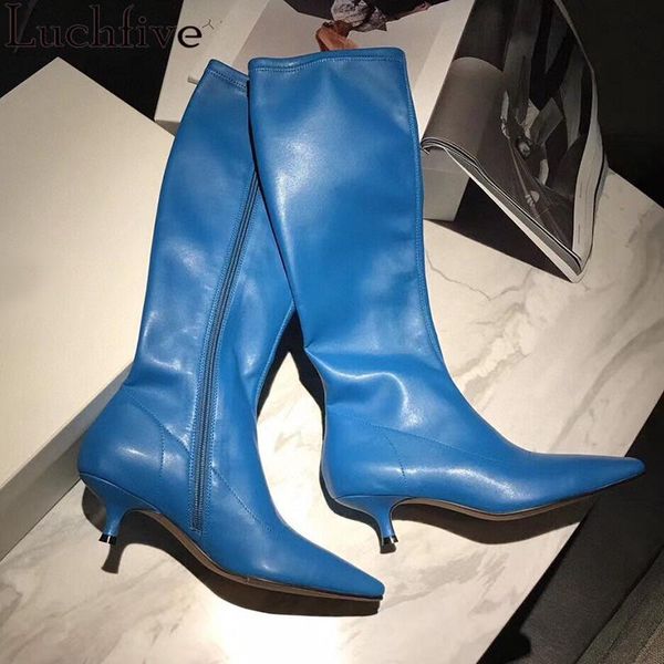 

boots pointy toe knee high kitten heels shoes woman elegant long femme blue white zapatos mujer, Black