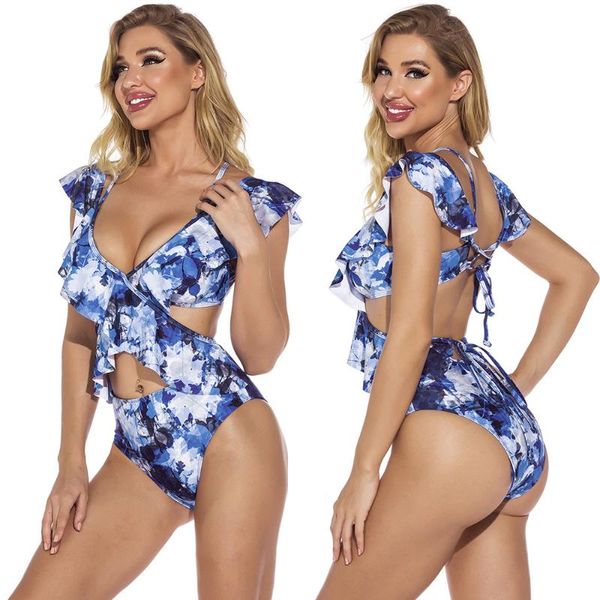 

women's swimwear v neck strap swimsuit women 2021 printed lace flounce bathing suit girls push up bikinis beach wear, White;black