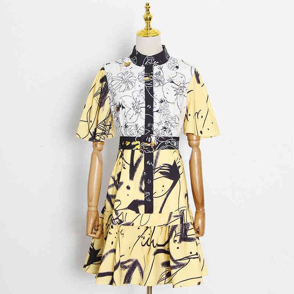 

dresses hit color mini for women stand collar short sleeve high waist sashes print es female fashion style, Black;gray