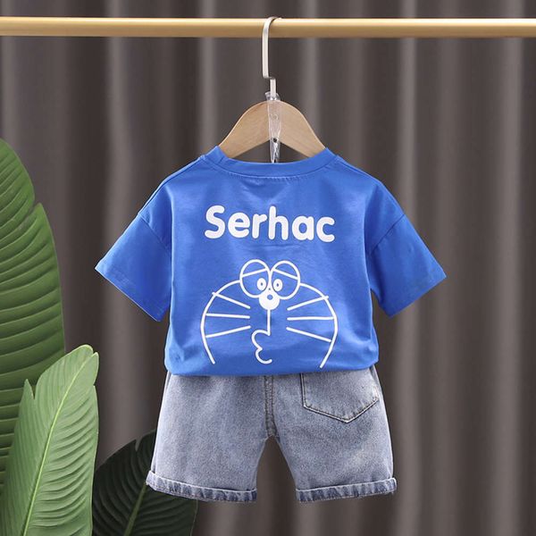 

boys and girls suits korean version children's short sleeve set summer thin men's and women's two-piece robot cat, White