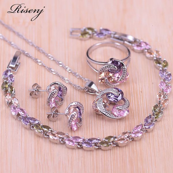 

jewelry sets risenj colorful lucky circle silver color set for women earrings ring necklace with pendant in store, Black