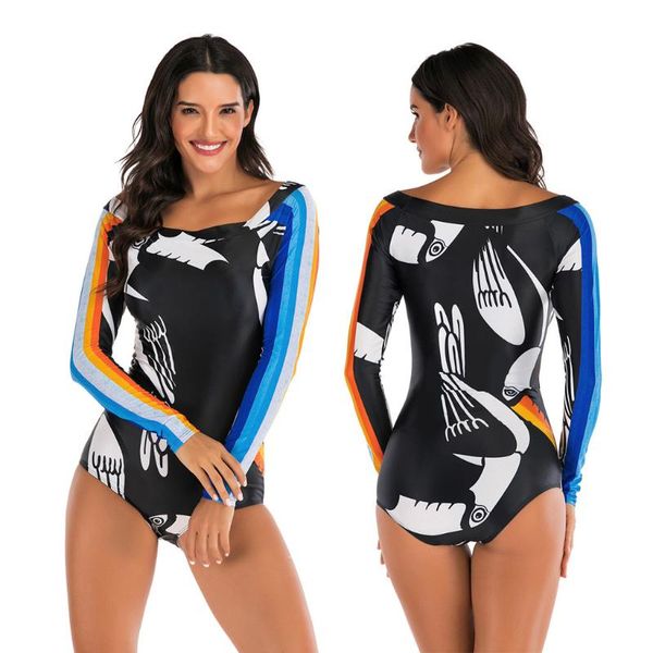 

swimwear women one-piece suit one piece print stripe patchwork swimming bathing swimsuit suits