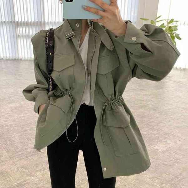 

[ewq]green pleated multi-pocket drawstring jacket new stand collar long puff sleeve women coat fashion spring autumn 2f0310 210423, Black;brown