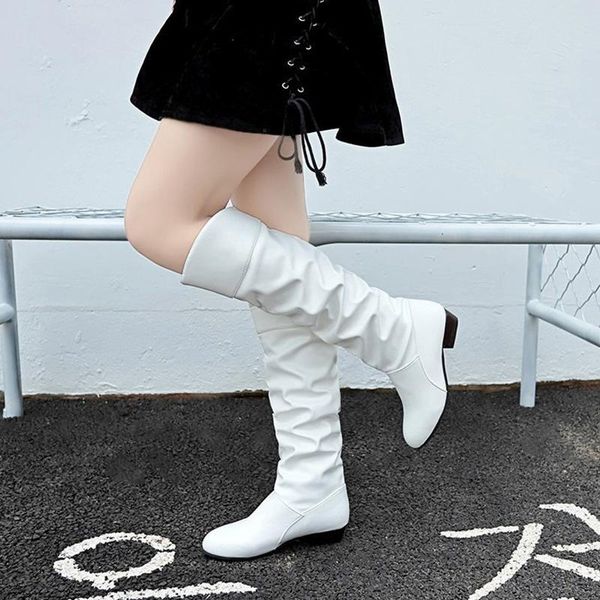 

boots women's knee-high pleated female's round toe square heel modern lady pu leather fashion shoes autumn 2021 large size, Black