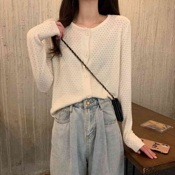 

autumn winter fashion o-neck single breasted cardigan knitted ladies sweater womens solid long sleeve knitting coat 210515, White