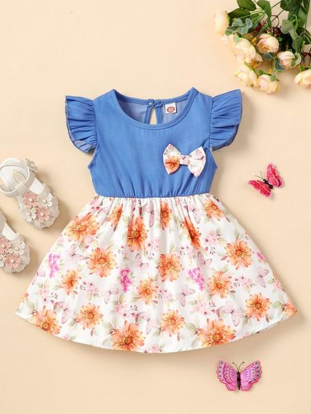 

baby floral print bow front ruffle dress she, Red;yellow