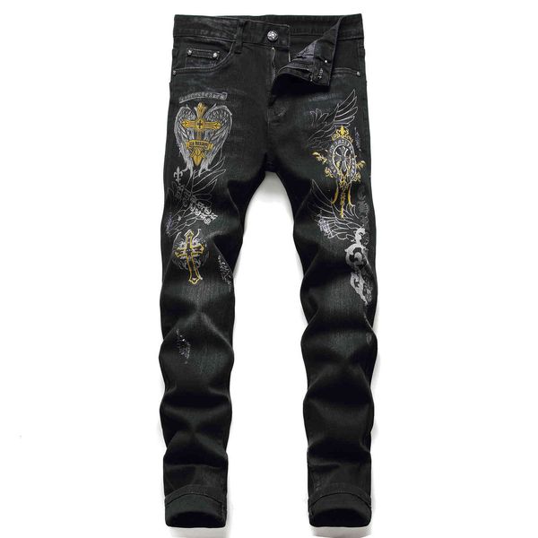 

jeans men's style digital printing elastic tight fashion, Blue