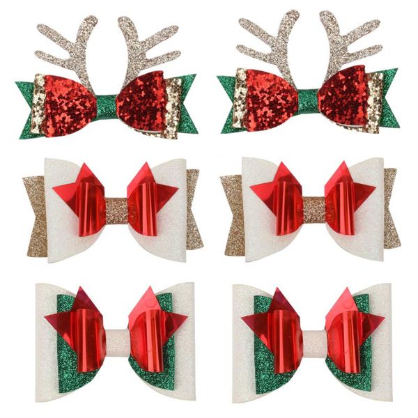 

hair accessories 20pcs/lot christmas clips for girls kids glitter antlers swallowtail bows gifts, Slivery;white