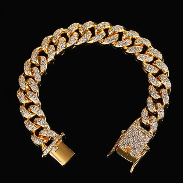 funmode luxury 12mm cubic zirconia pave cuban miami link chain bracelet iced out hip hop gold color men jewelry fb18 link,, Black