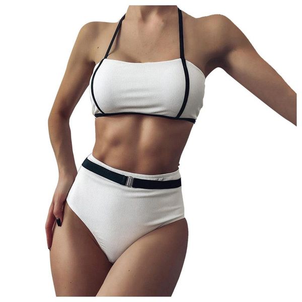 

women's swimwear swimming beach bathing suit high waist solid color stitching split bikini swimsuit summer female, White;black