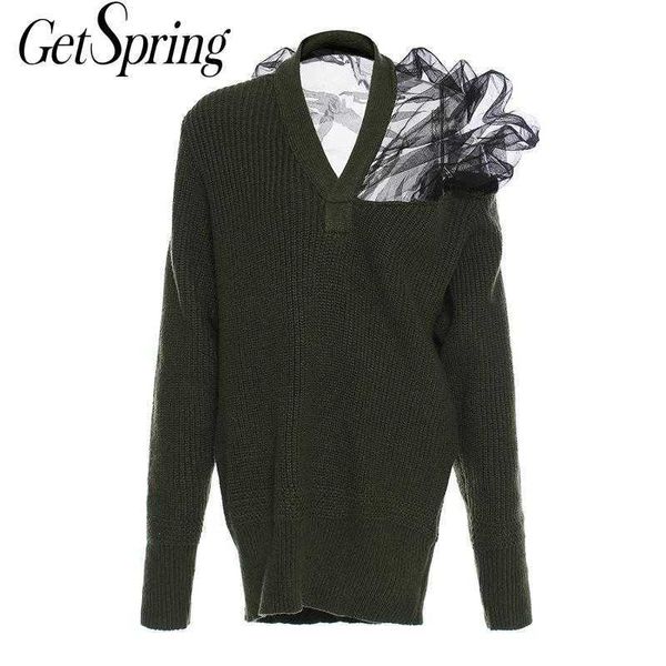 

getspring women sweater mesh patchwork v-neck knit asymmetry hollow out vintage winter fashion 210601, White;black