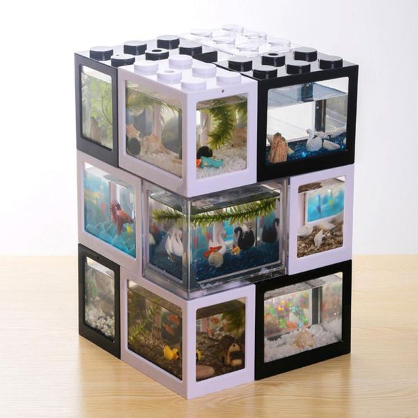 

decorations mini fish tank reptile pet box stackable aquarium creative building block cylinder landscape seawe for office decoration
