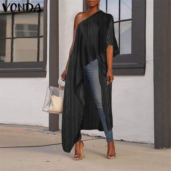 

women's blouses & shirts vonda 2021 vintage striped party women blouse summer off one shoulder casual blusa ladies irregular tunic, White
