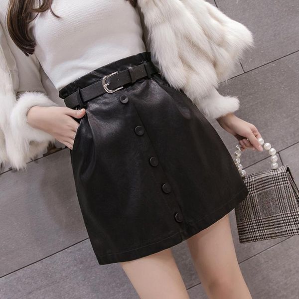 

skirts korean version women solid pu skirt office lady 2021 autumn/winter button sashes empire above knee mini a-line female, Black