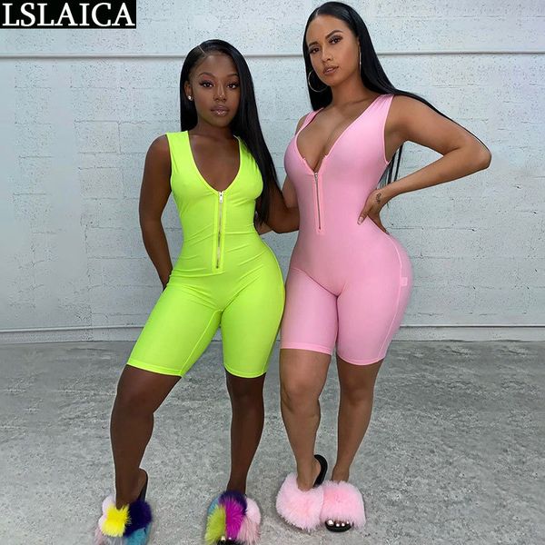 

fashion bodycon jumpsuit solid color v-neck elegant rompers womens summer zip sleeveless sport women 210520, Black;white