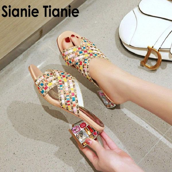 

slippers sianie tianie 2021 summer weave handmade woman shoes colorful stone square chunky high heels women mules big size 33-46, Black