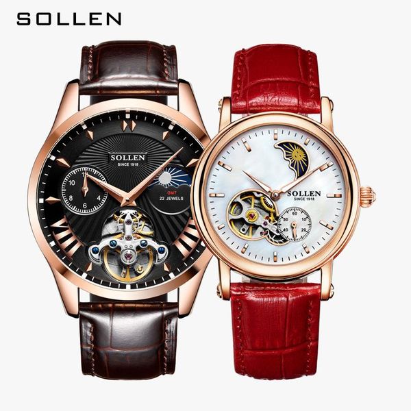 

wristwatches lovers watch hollow fully automatic mechanical leather strap valentine's day gift, Slivery;brown