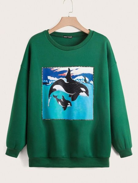 

whale print drop shoulder sweatshirt f92p#, White;black
