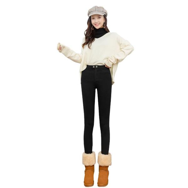 

women's leggings women wear fleece autumn winter plush thickened high waist elastic tight warm large size ankle-length pants, Black