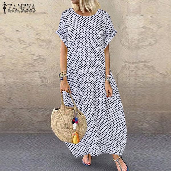 

2021bohemian beach maxi dress womens printed summer sundress zanzea 2021 casual polka dot baggy sarafans vestidos plus size robe, Black;gray