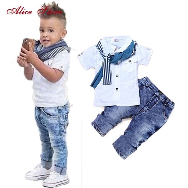 Baby Boy Roupa Casual T-shirt + Lenço + Calças de Jeans 3 Pc Child Child Set Verão Crianças Traje Para 2-7 Yrs 210326