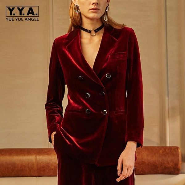 

women's suits & blazers british luxury women double breasted velvet blazer suit elegant party office lady retro slim fit wide leg pants, White;black