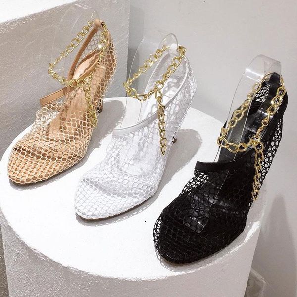 

women summer autumn mesh pumps metal chain thin high heels sandals sitletto hollow party dress female shoes size 35-41, Black