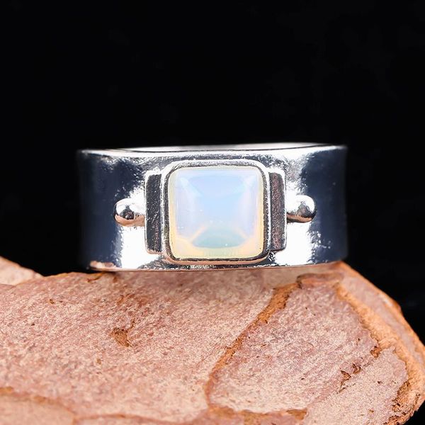 

cluster rings classic white opal stone wide for women accessories simple design silver color square moonstone ring party jewelry gift, Golden;silver