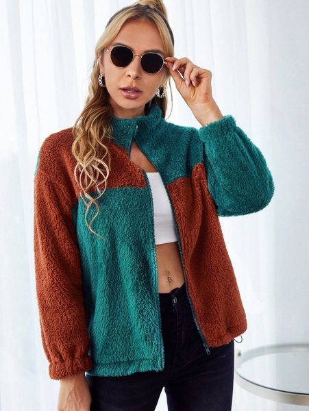 

two tone drop shoulder zipper teddy jacket f5ua#, Black;brown