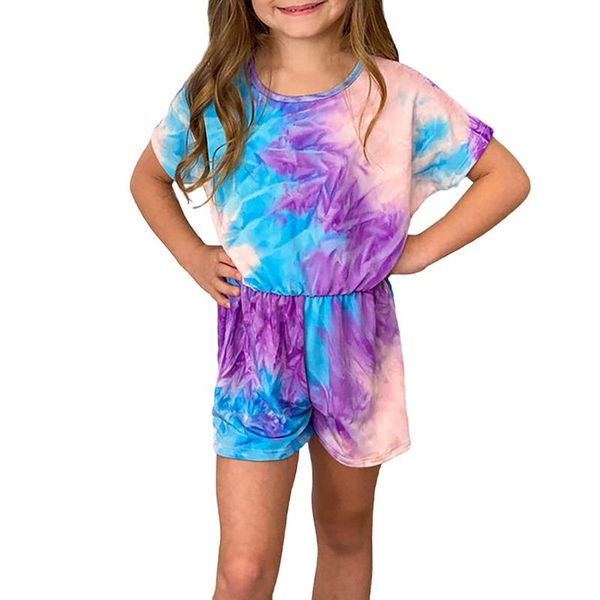 

jumpsuits kids baby girl clothes tie dye romper jumpsuit playsuit short sleeve round neck shorts style bodysuit children summer outfit, Blue