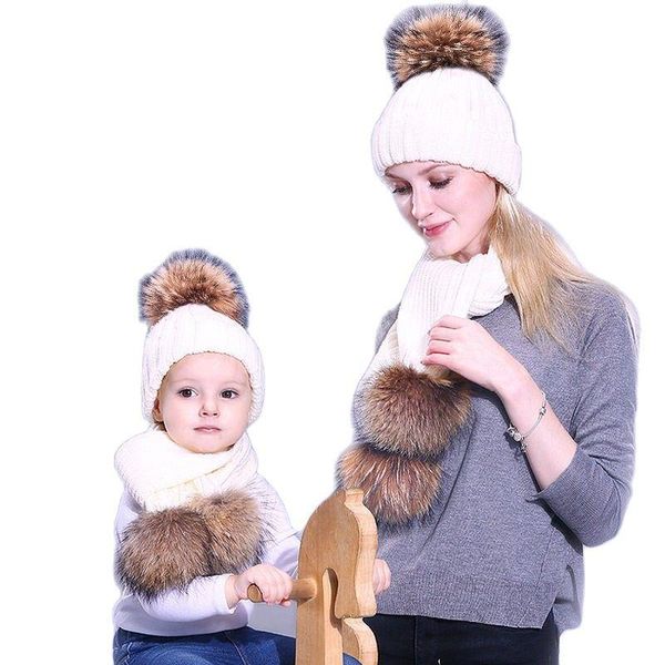 

hats, scarves & gloves sets girl boy women men pompon hats and winter knitted warm nature fur pom hat scarf thick beanies caps kid, Blue;gray