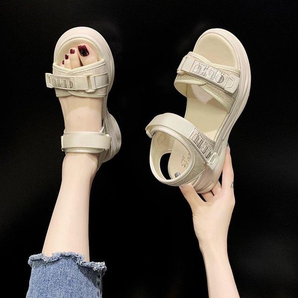 

sandals beige hook & loop button fabric flat platform students girls female gladiator thick sole women canvas shoes, Black