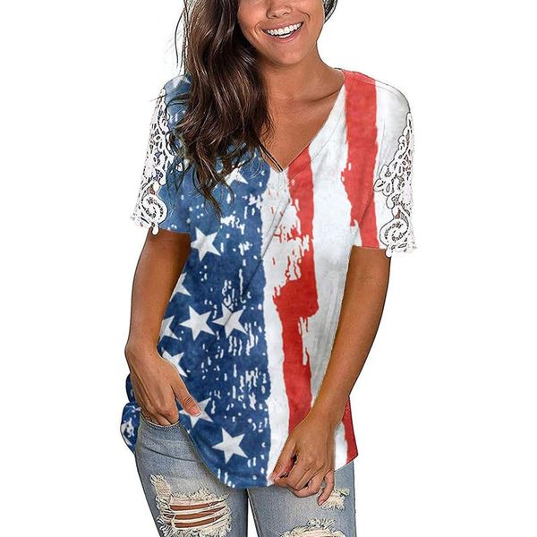 

women's t-shirt summer t shirt ladies stars prints v-neck lace short-sleeve casual loose tee shirts y2k camisetas de mujer, White