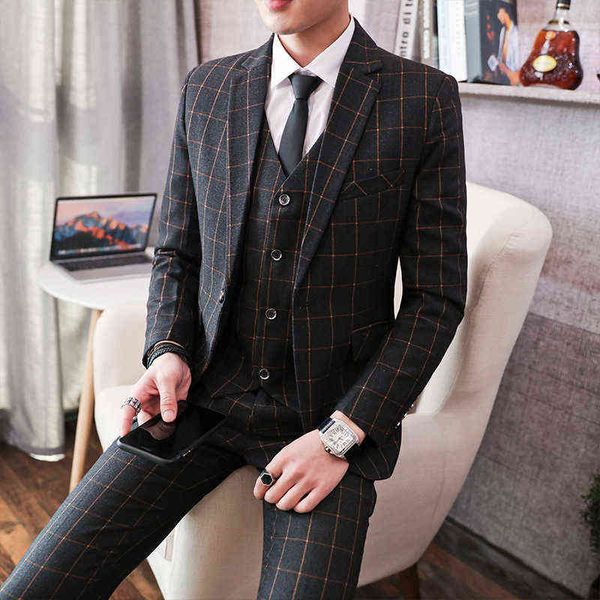 

luxury suits blaze men's three piece casual youth handsome korean slim fit suit groom's british style, Black