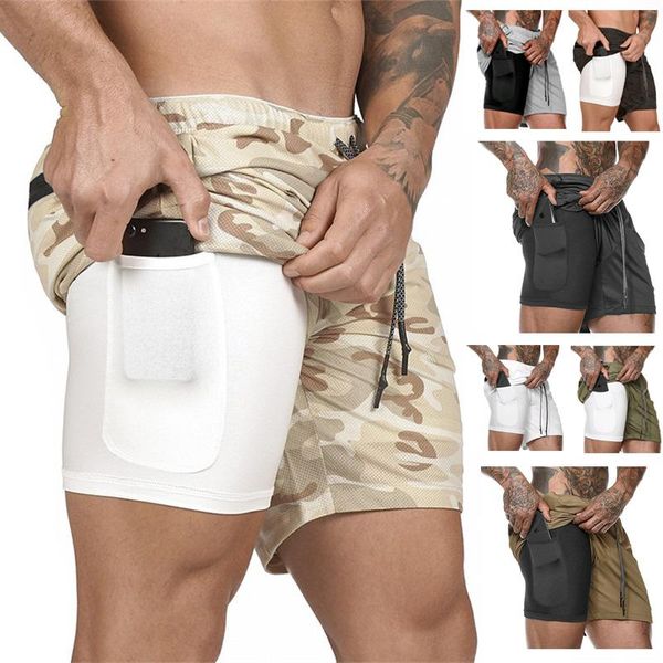 

men's 2 in 1 running shorts security pockets leisure quick drying sport built-in hips hiden zipper, White;black