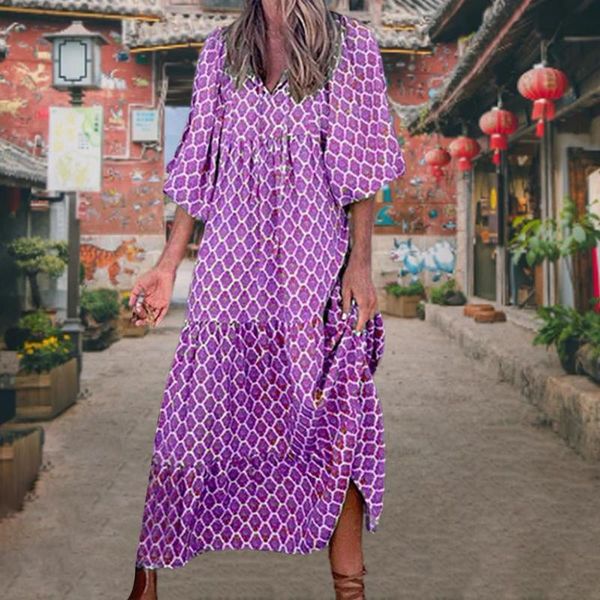 

casual dresses summer beach dress elegant women v-neck large stitching hem maxi autumn retro printed half lantern sleeve beachwear, Black;gray
