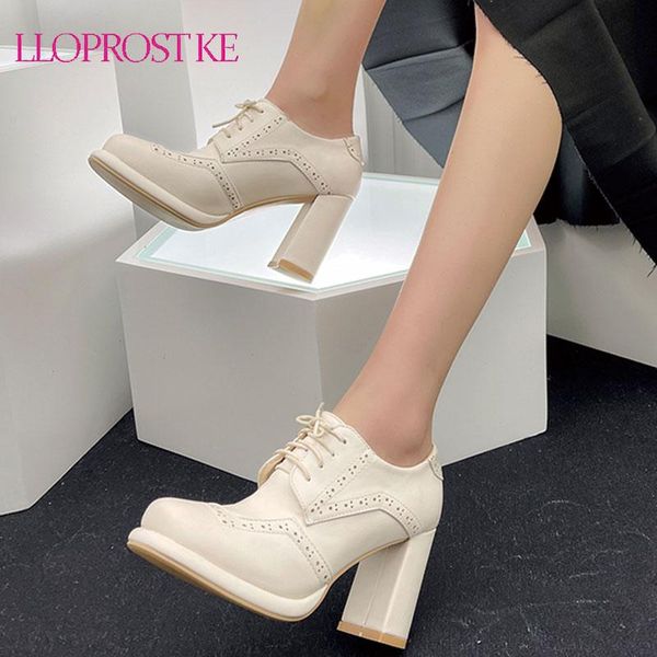 

dress shoes lloprost ke british style brock women pu leather 2021 thick high heels lace up platform pumps casual, Black