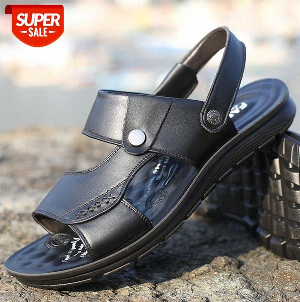 

junsite men's sandals, breathable beach shoes, cowhide slippers #uj6z, Black