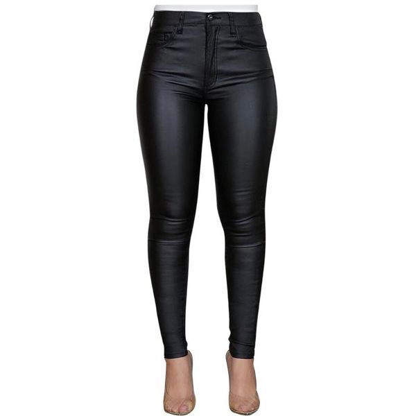 

women's leggings plus size women pencil pants leather coated trousers 2021 pocket slim casual stretch skinny high waist, Black