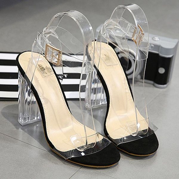 

sandals style high heels transparent heel female wild crystal fairy tale, Black