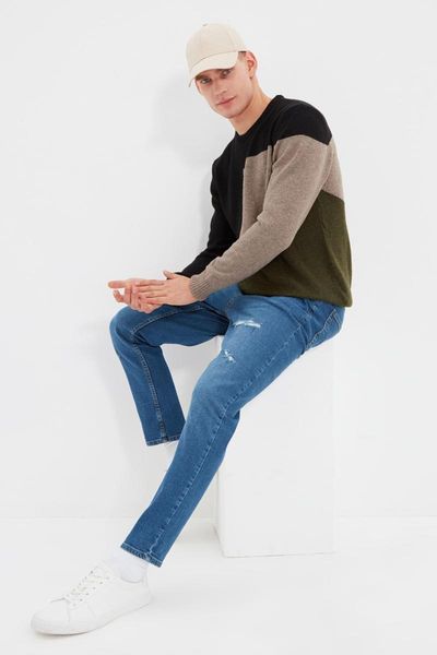 

men's jeans trendyol male carrot fit zigzag seamy destroylu tmnaw22je0037, Blue