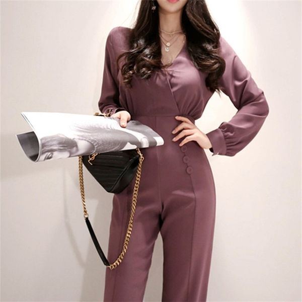 

spring button v collar office women cloth long pant slim high waist striped overalls work casual jumpsuit 210603, Black;white