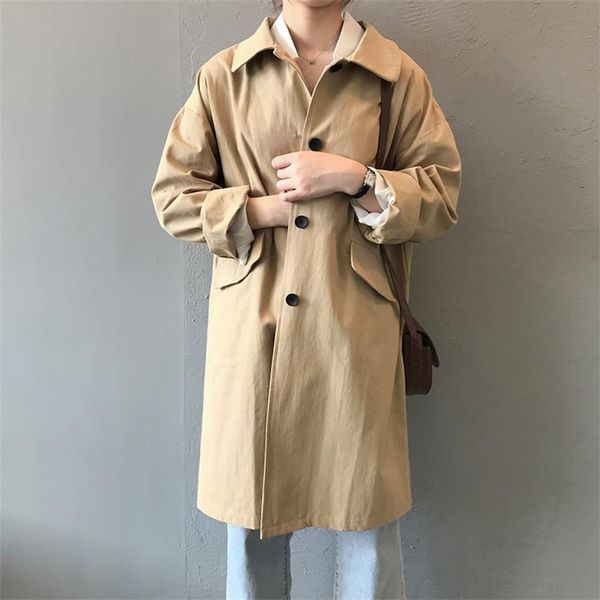 

women's trench coats 2021 autumn cargo windbreaker casual vintage pockets outerwear oversize buttons wild long lady, Tan;black