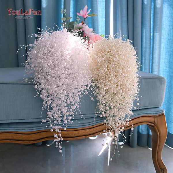 

wedding flowers youlapan f24 full pearls ivory&white bouquet handmade waterfull bride luxury bridal accessories jewelry
