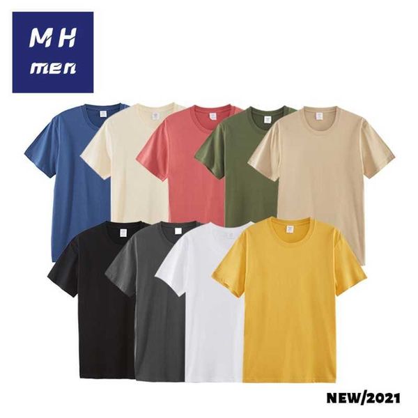 

mh summer 200g round neck no side seam trendy brand print advertisement tshirt men's short sleeve cotton t-shirt, White;black
