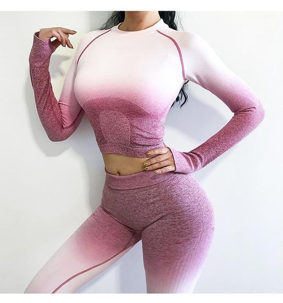

yoga outfit 2pcs set women long sleeve crop and high waisted tummy control sport leggings gym clothing ombre seamless suit